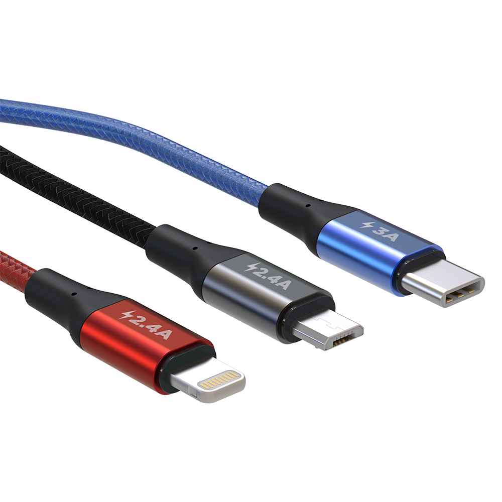 31CBK - CABO USB 3 EM 1 PARA RECARGA - APPLE LIGHTNING + USB TIPO-C + MICRO USB - 1,2M - ELG