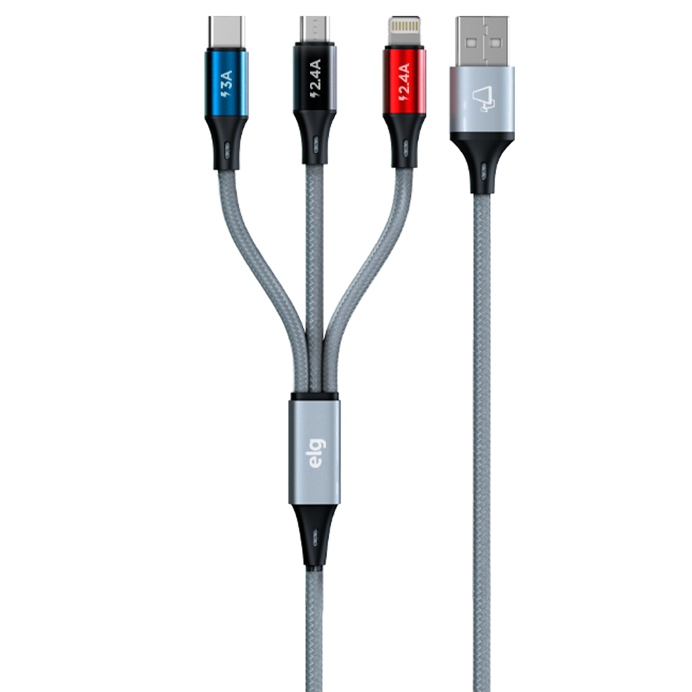 CABO 3 EM 1 TURBO TIPO-C + MICRO USB + COMPATÍVEL COM LIGHTNING ELG 1,2M 2.4A / 3A.